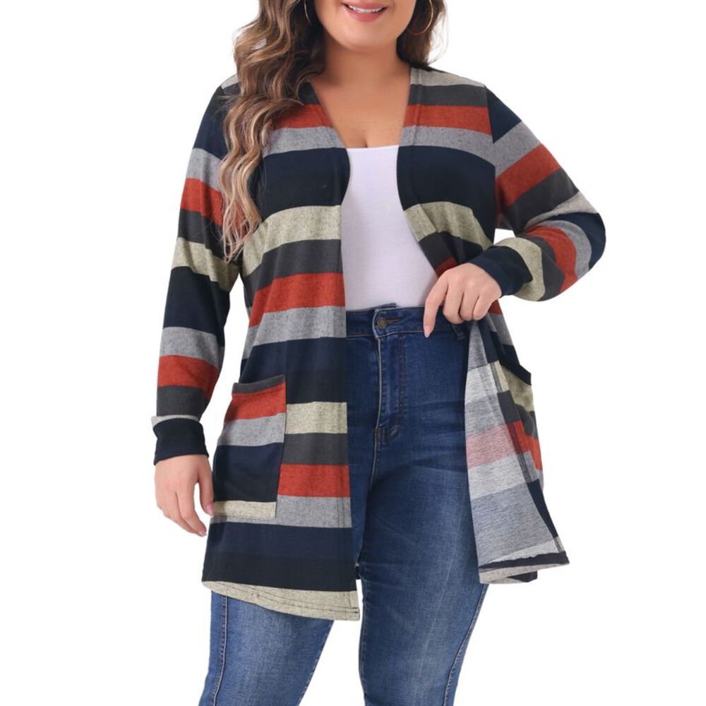Plus Size Open Front Contrast Color Stripe with Pocket Cardigans Black Red